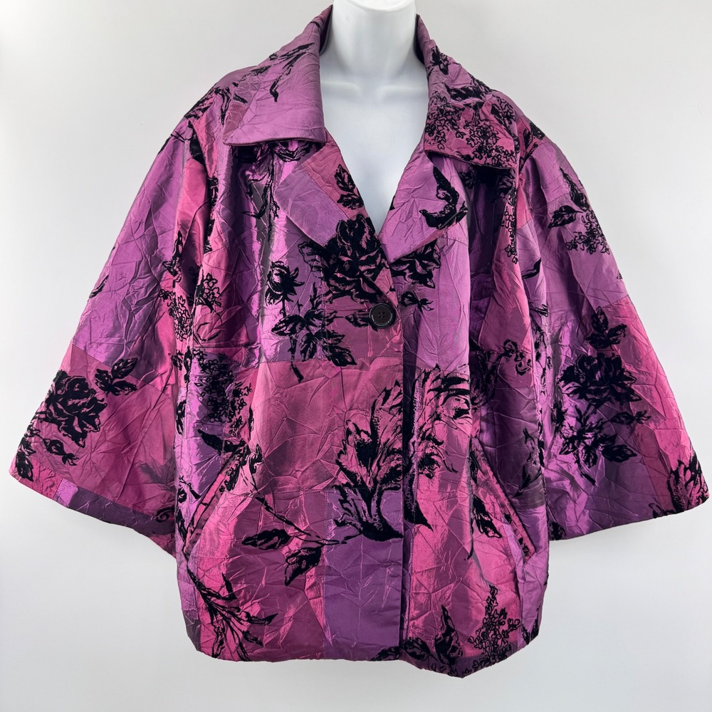 Susan Graver Jacket 3X Purple Velvet Floral Art Flocked Swing Whimsigoth Crinkle
